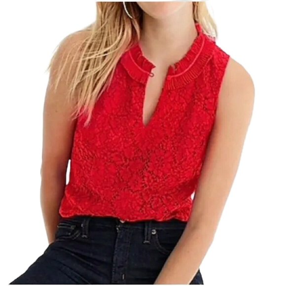 J. Crew Women Front Lace Blouse Top Sleeveless Ruffle Keyhole Neck Red Size XXS - Picture 1 of 8
